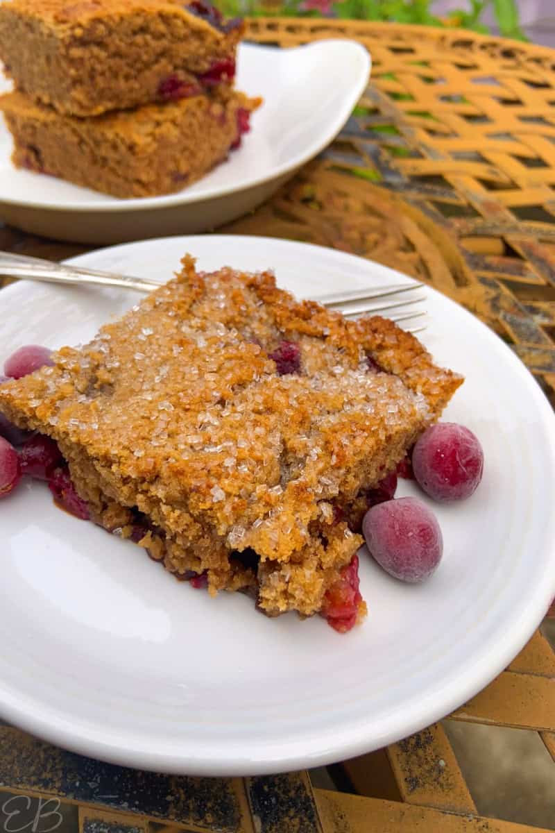 one piece of Cran-Strawberry Healthy Coffeecake Bars on white plate