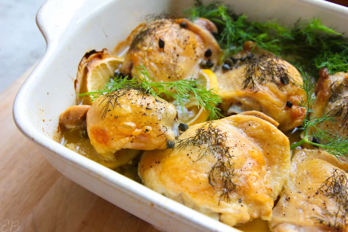 Easy baked chicken piccata in casserole dish, up close