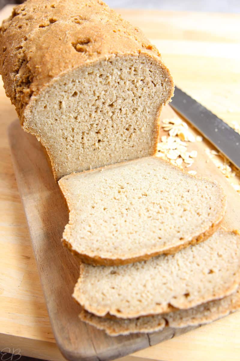 Sourdough Oat Flour Bread Loaf sliced thinly for sandwiches with view of soft fluffy interior