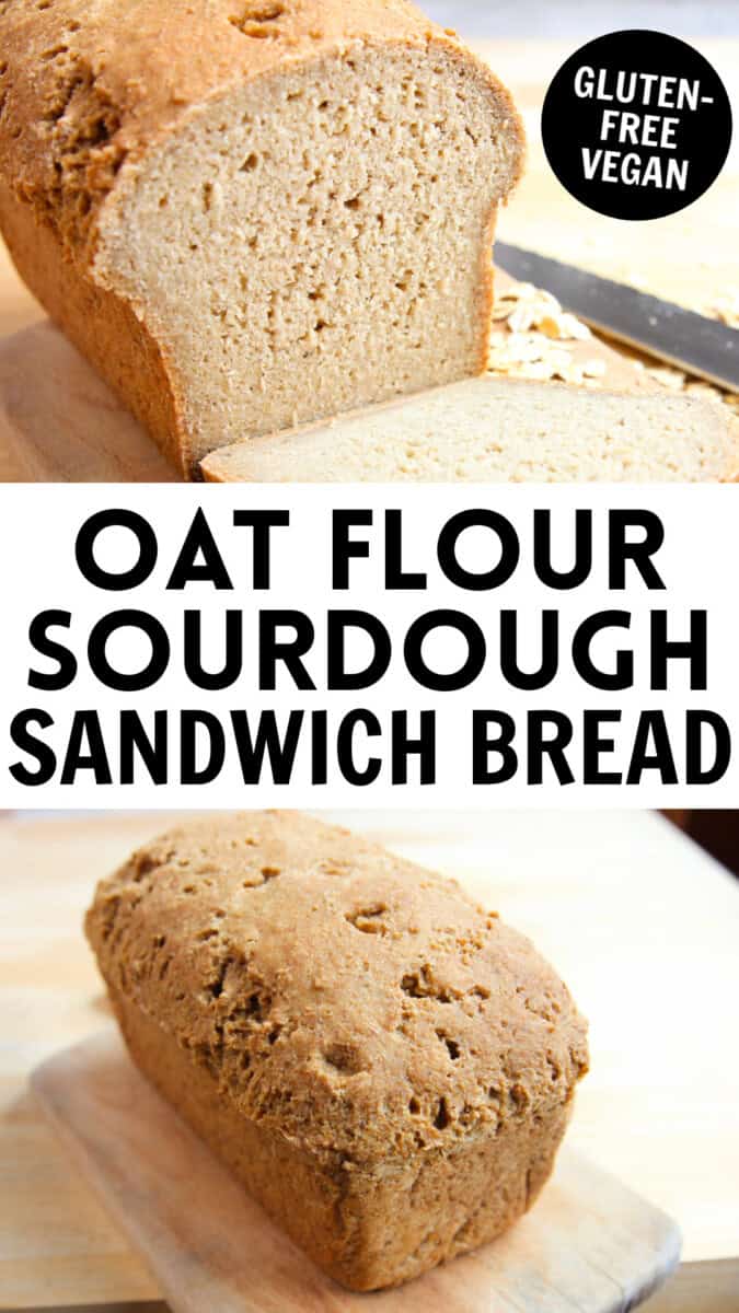 two photos of oat flour sourdough bread, one cut open, one the whole loaf