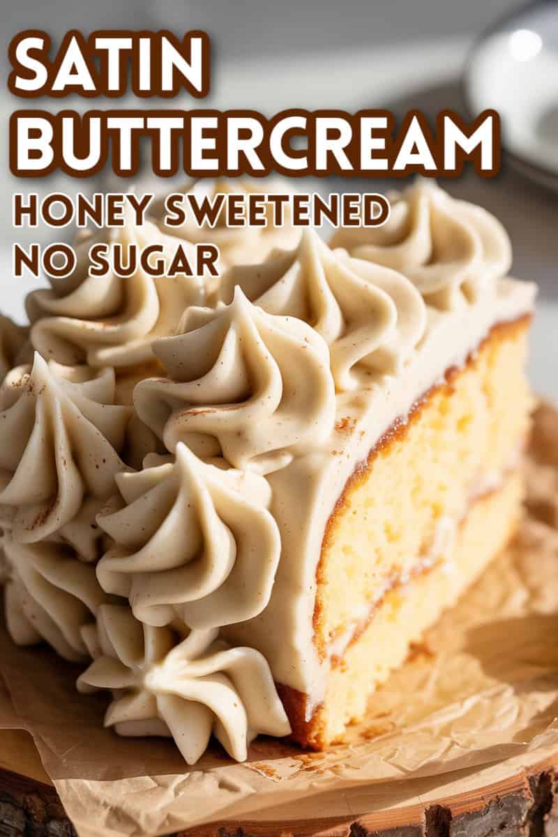 Honey satin buttercream (with keto variation) on cake with recipe title