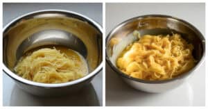 spaghetti squash and egg mixed together in mixing bowl