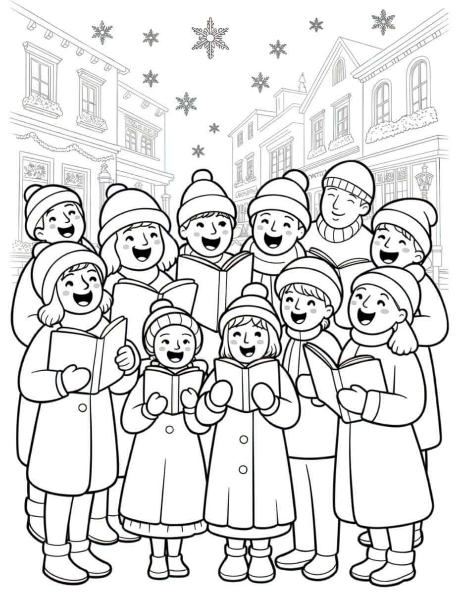 Joyful carolers coloring page for Christmas time