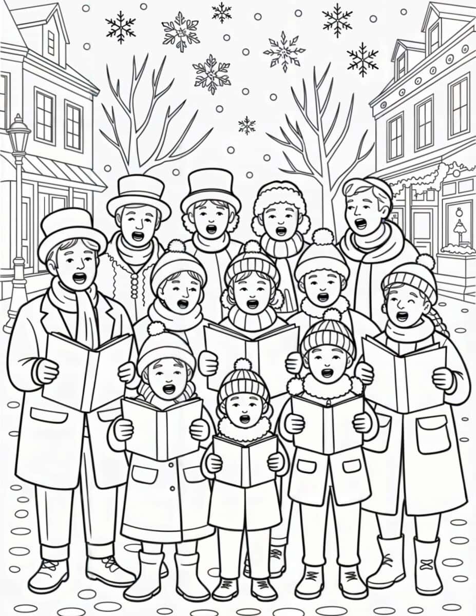 old-fashioned carolers coloring page for Christmas time