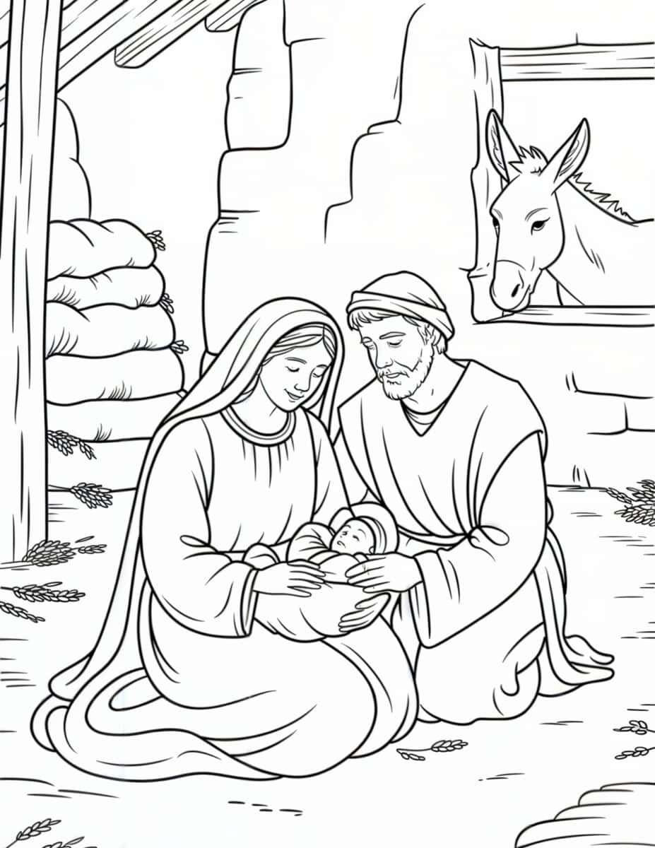Mary and Joseph looking down into their baby Jesus' face in the manger coloring page