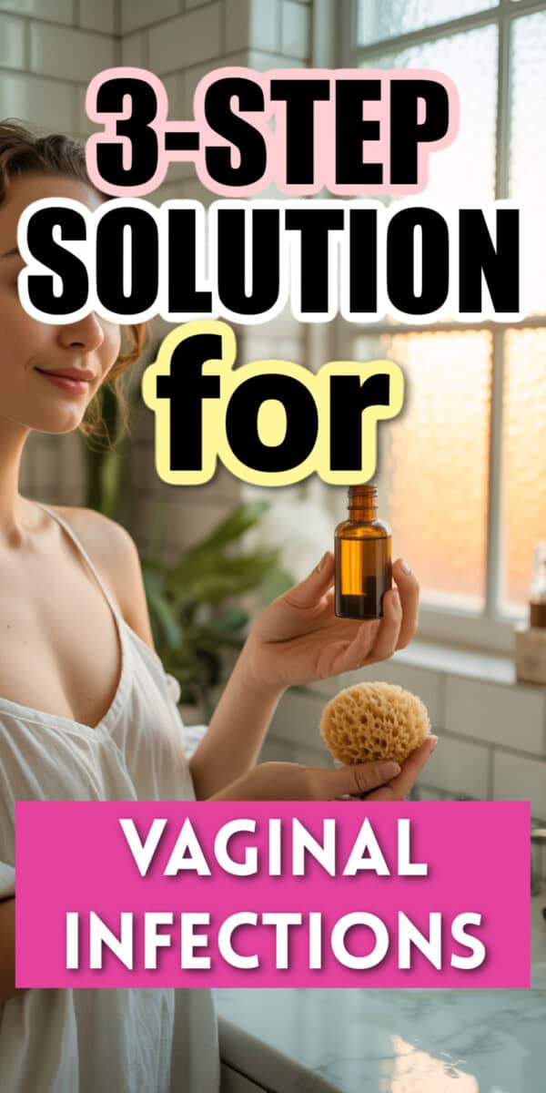 a woman holding oil and sea sponge to show how she overcame a yeast infection fast