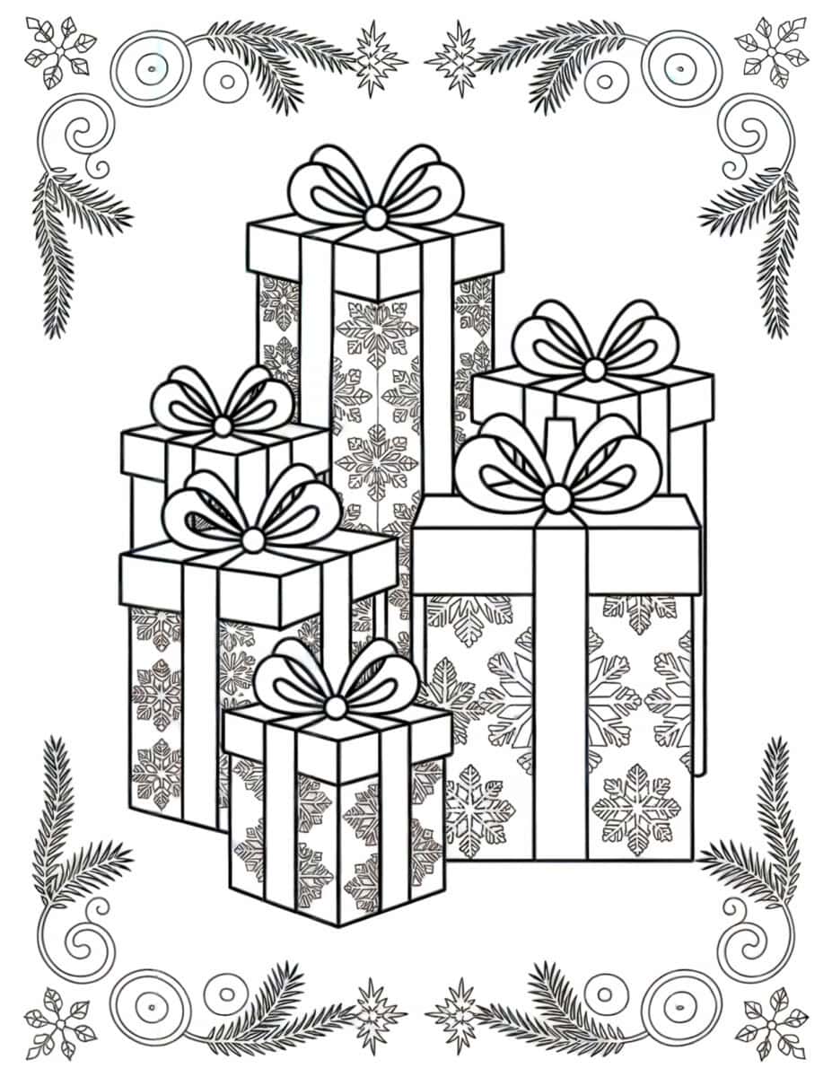 several decorative Christmas present boxes with bows coloring page