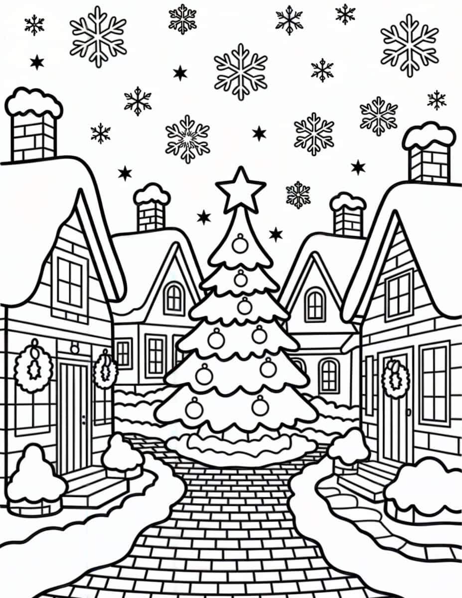 wintry village coloring page with Christmas tree