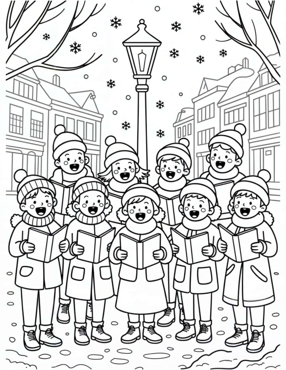 children carolers coloring page for Christmas time