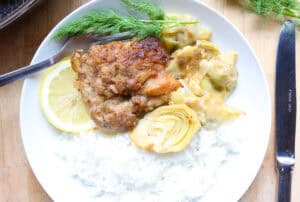 lemon chicken with artichokes served with rice