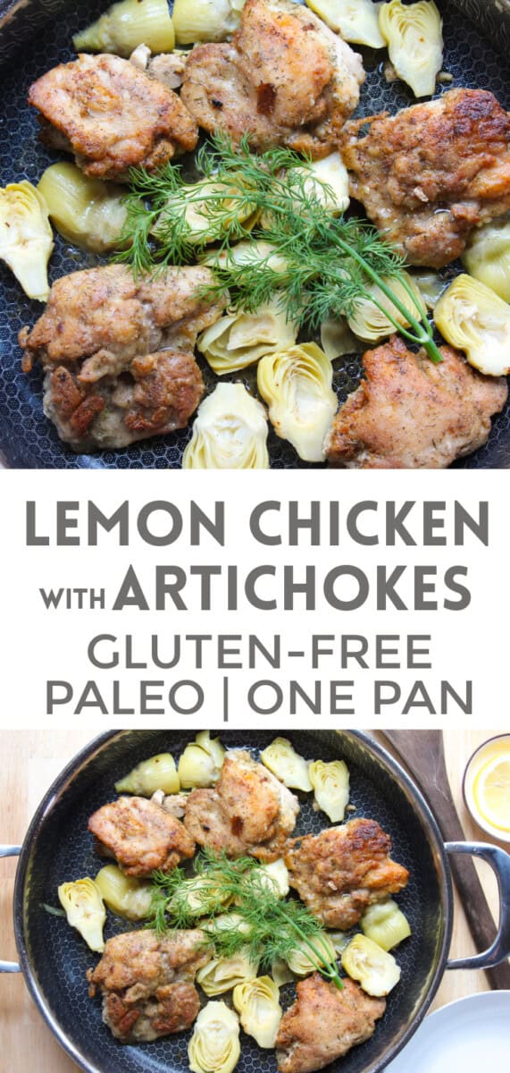 2 photos of lemon chicken skillet with text overlay that includes gluten free, paleo and one pan