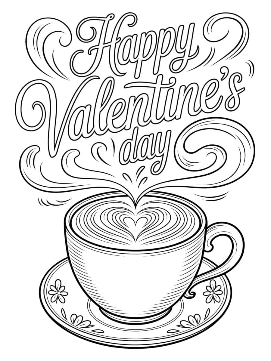 a cappuccino coffee with text overlay Happy Valentine's Day -- coloring page, sign or card
