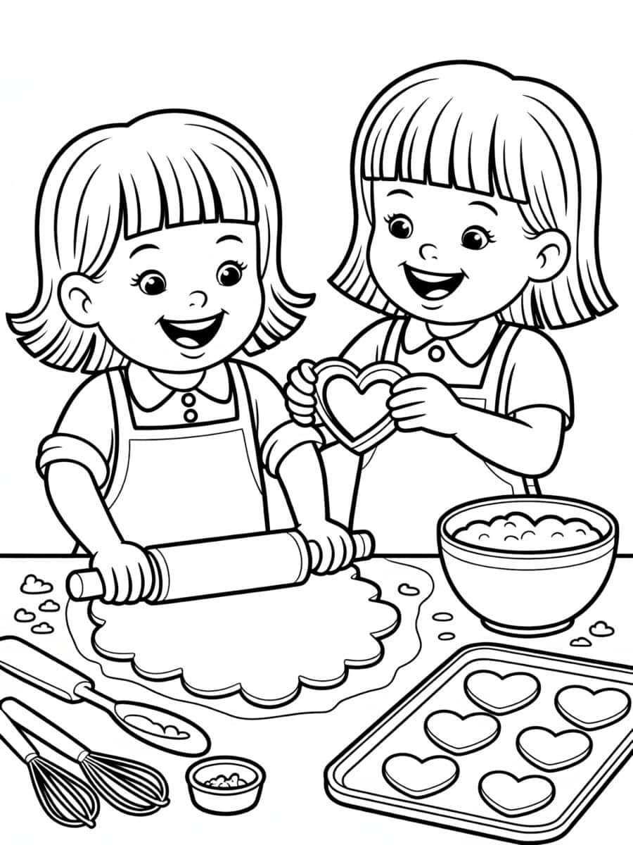 sisters baking valentines day heart cookies free coloring page