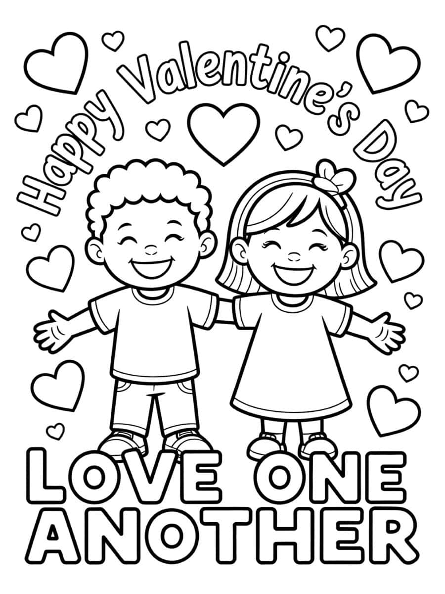 Love One Another message happy valentine's day coloring page with boy and girl happy and hearts
