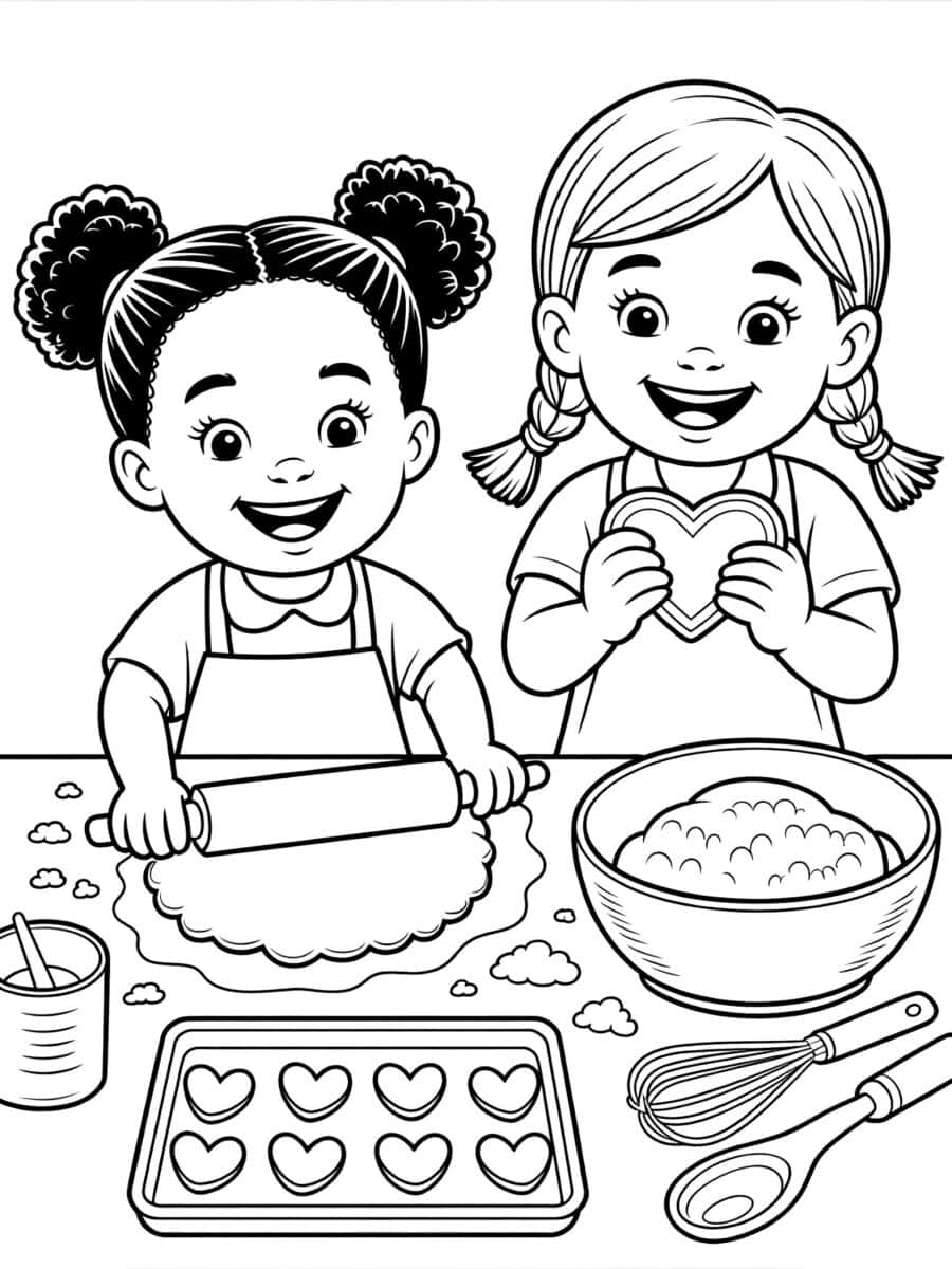 two friends making valentine's day cookies coloring page for kids