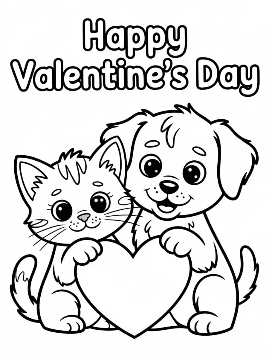 a kitty, puppy and heart with Happy Valentine's Day message coloring page for kids