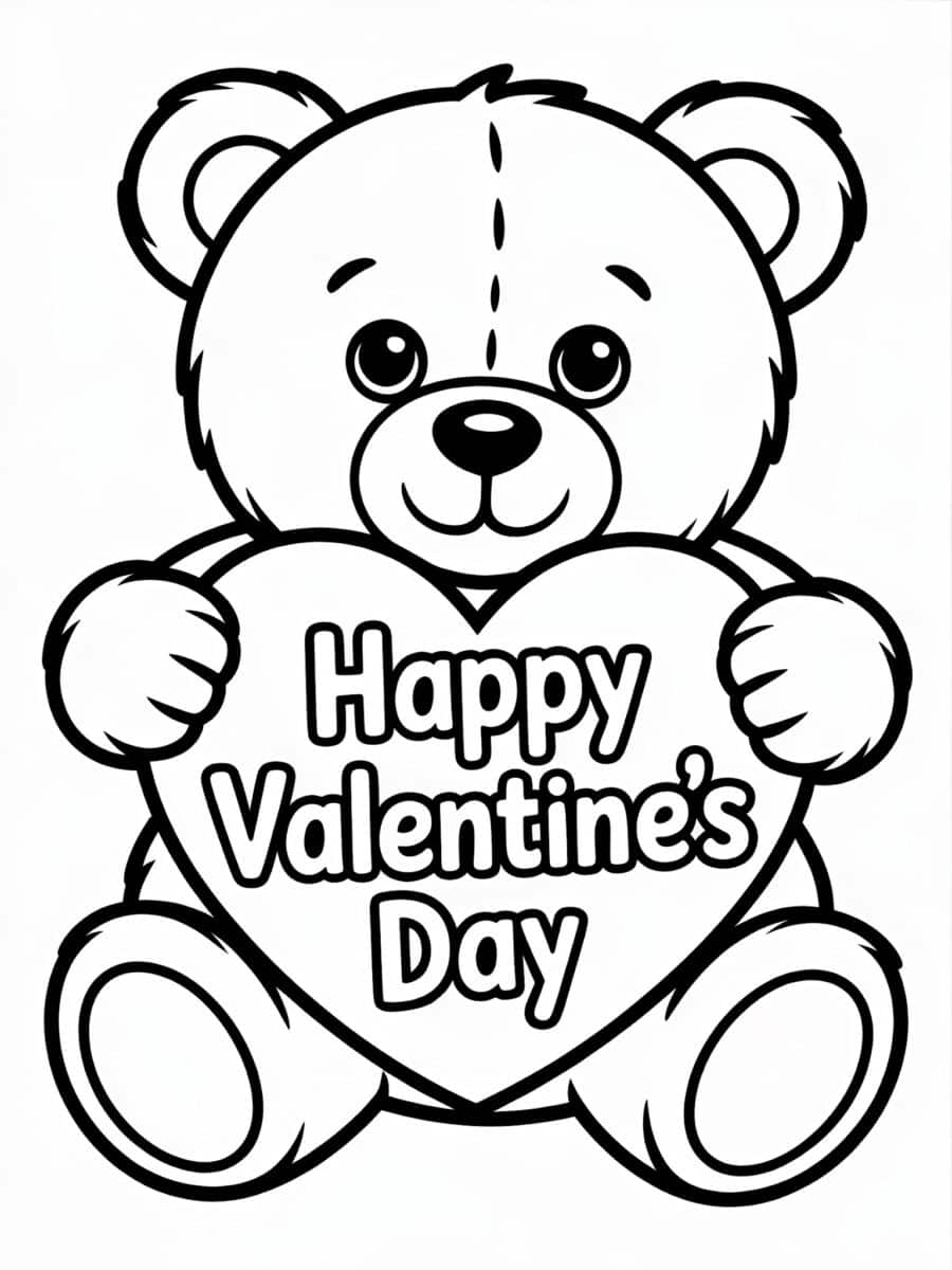 cute teddy bear holding heart that says Happy Valentine's Day -- coloring page for kids