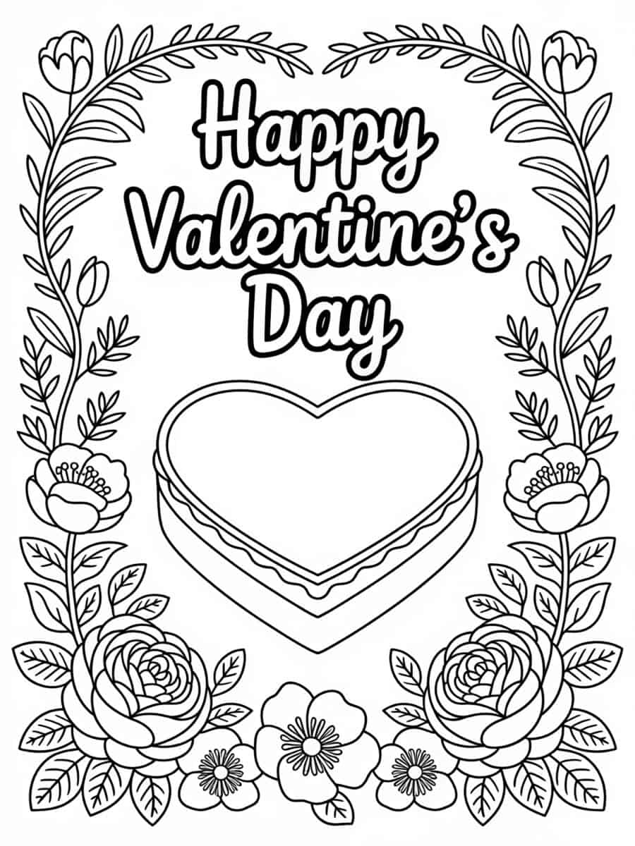Happy Valentine's Day with climbing flowers and cake heart -- coloring page for adults