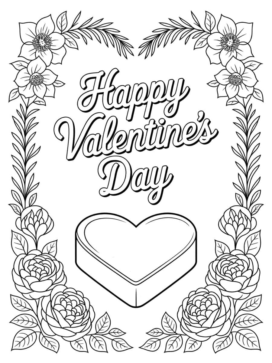 a heart shaped canopy of winter roses and greenery framing Happy Valentine's Day and heart - coloring page for adults