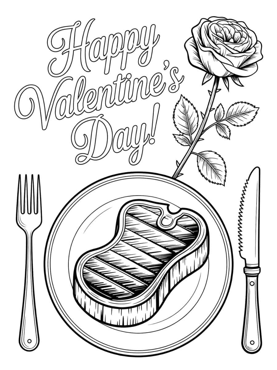 a coloring page for adults for valentine's day with a delicious steak and a rose 