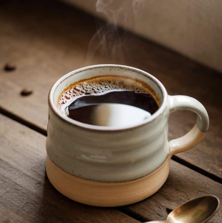 a cup of coffee, surrounded by coffee beans and spoon
