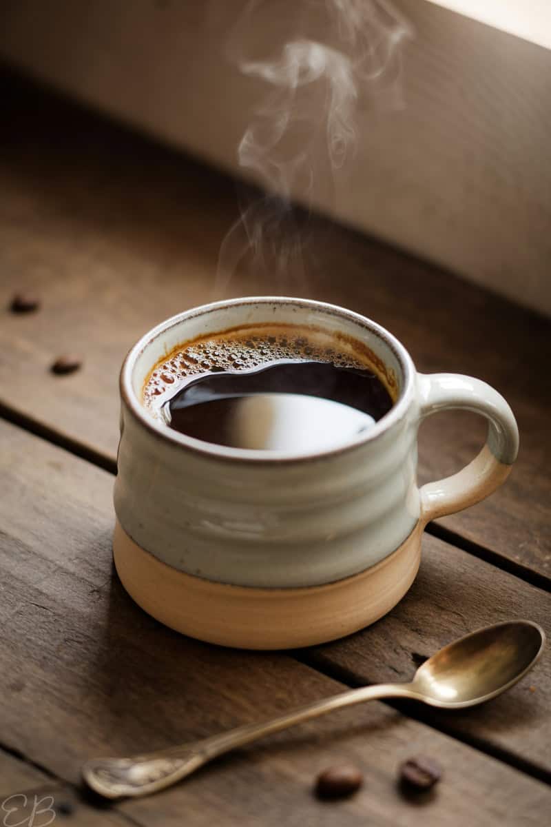 a cup of coffee, surrounded by coffee beans and spoon