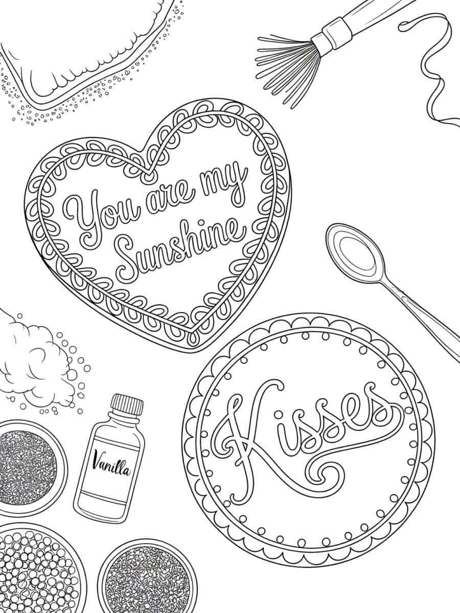 fancy decorating of valentine's day baked goods coloring page for adults or kids