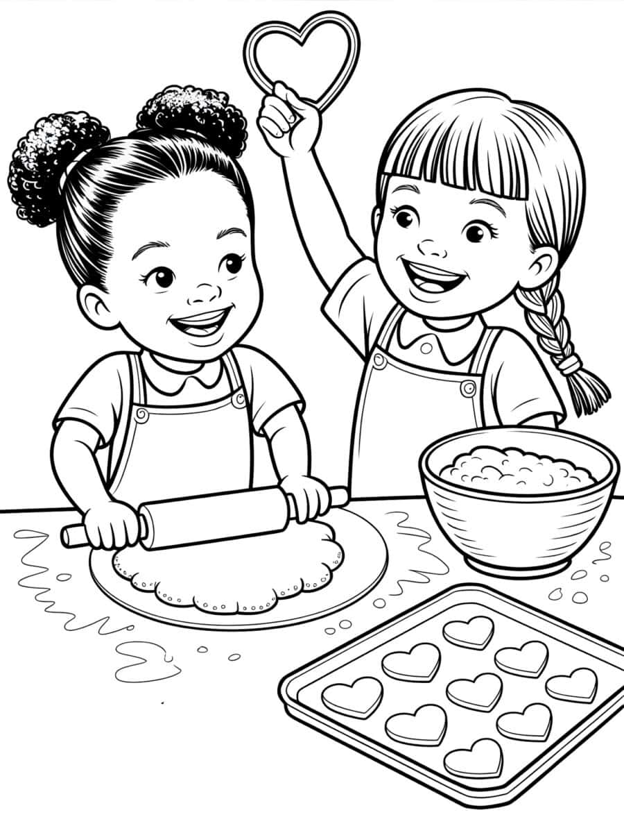 two friends making valentine's day cookies coloring sheet