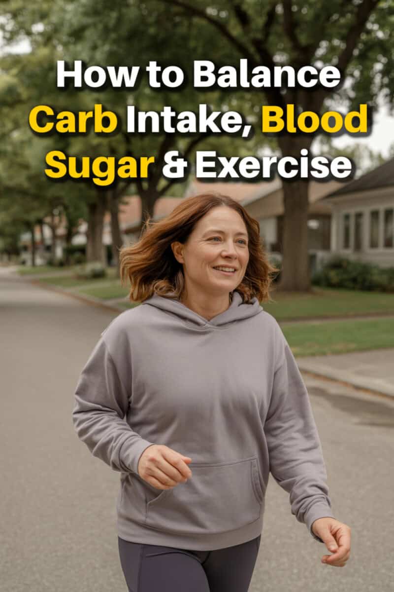 How to balance carbs, blood sugar and exercise text overlay on photo of woman walking outside