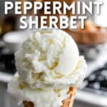 CLOSE UP of peppermint sherbet on cone with text overlay