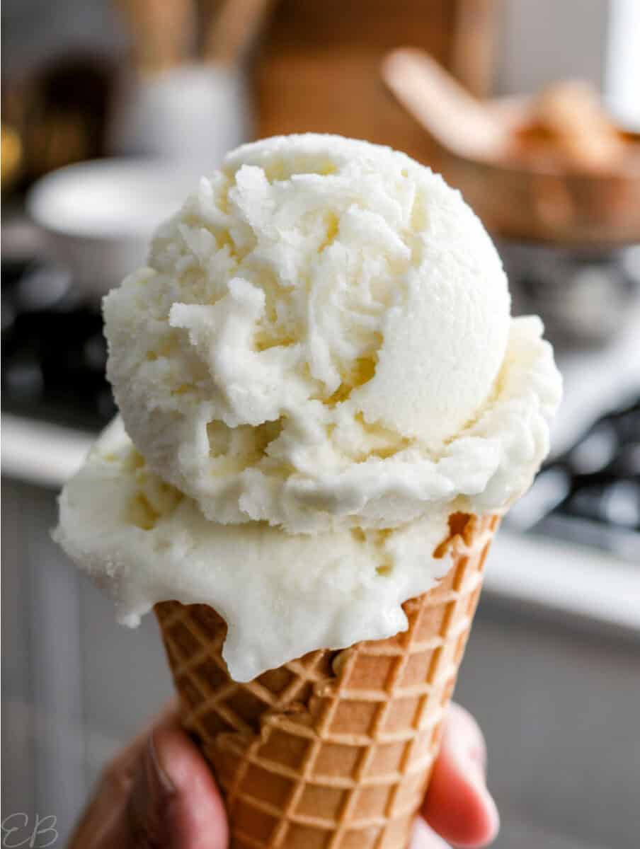 holding a cone of peppermint sherbet