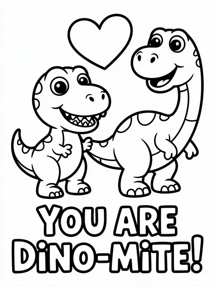 valentine's day dinosaur buddies coloring page with two dinosaurs and text overlay: "you are dino-mite!"