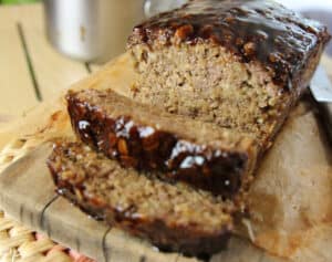 up close after slicing meatloaf, process photo