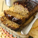 up close freshly baked oatmeal meatloaf sliced, with shiny glaze