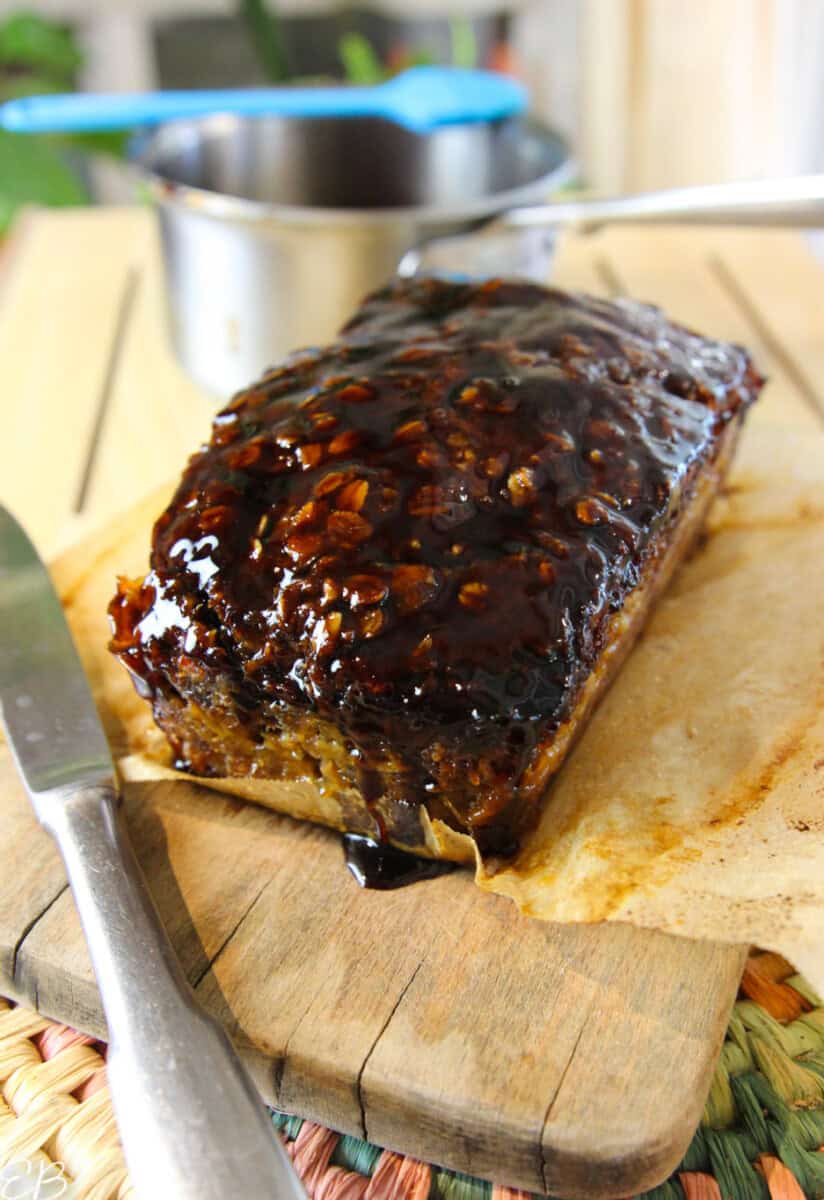 just-baked meatloaf with oatmeal, covered with pomegranate molasses-coconut aminos glaze