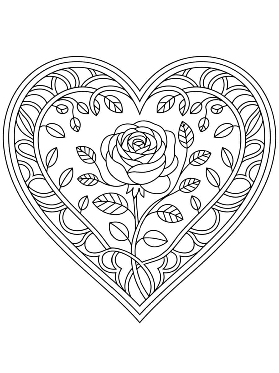 intricate heart design coloring page with rose inside