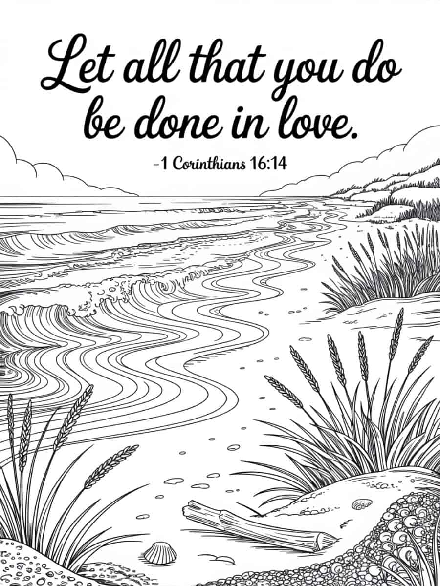 beach scene with Bible verse about acting in love Coloring Page for Adults