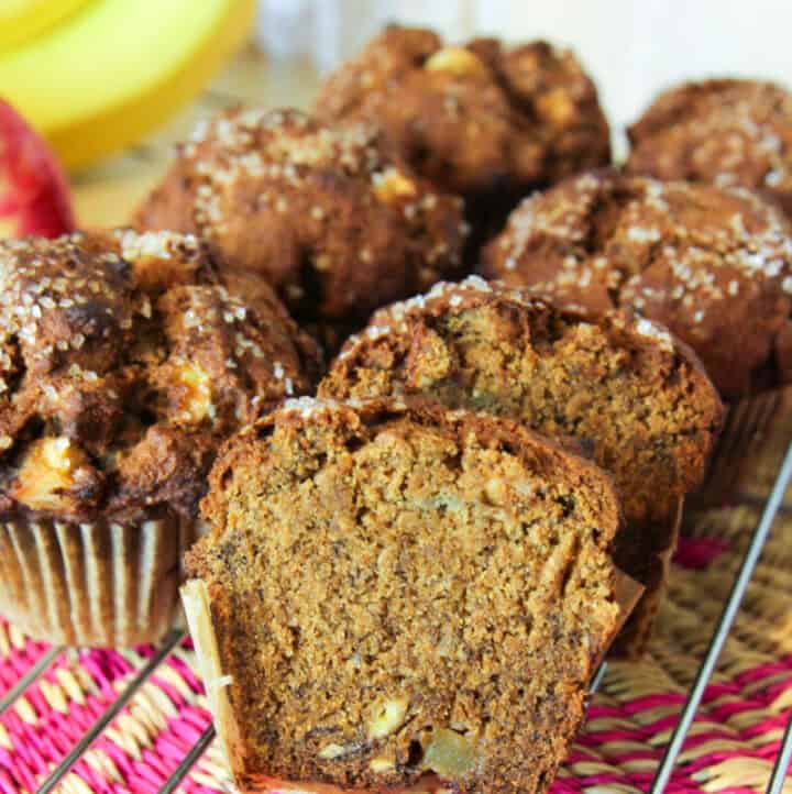 gluten free vegan paleo aip apple banana muffins cut open to see the good texture inside, even without eggs