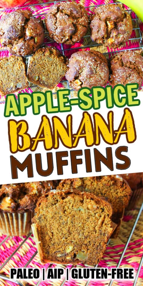 two photos of apple banana muffins with recipe title overlay