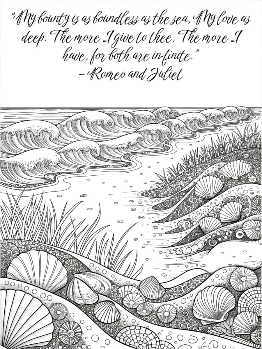 Shakespeare quote above beach scene, about love for Valentine's Day -- coloring sheet for adults