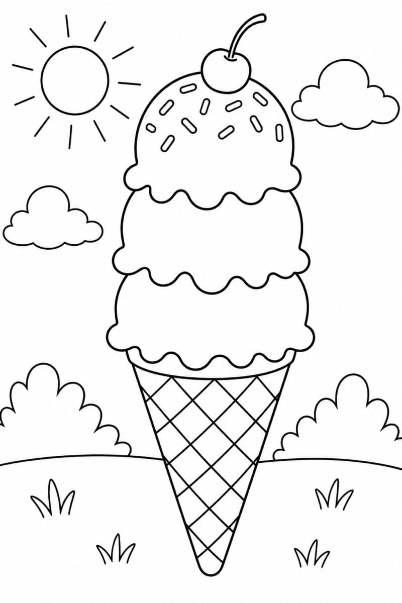 summer coloring page for kids of triple scoop ice cream cone with sunshine