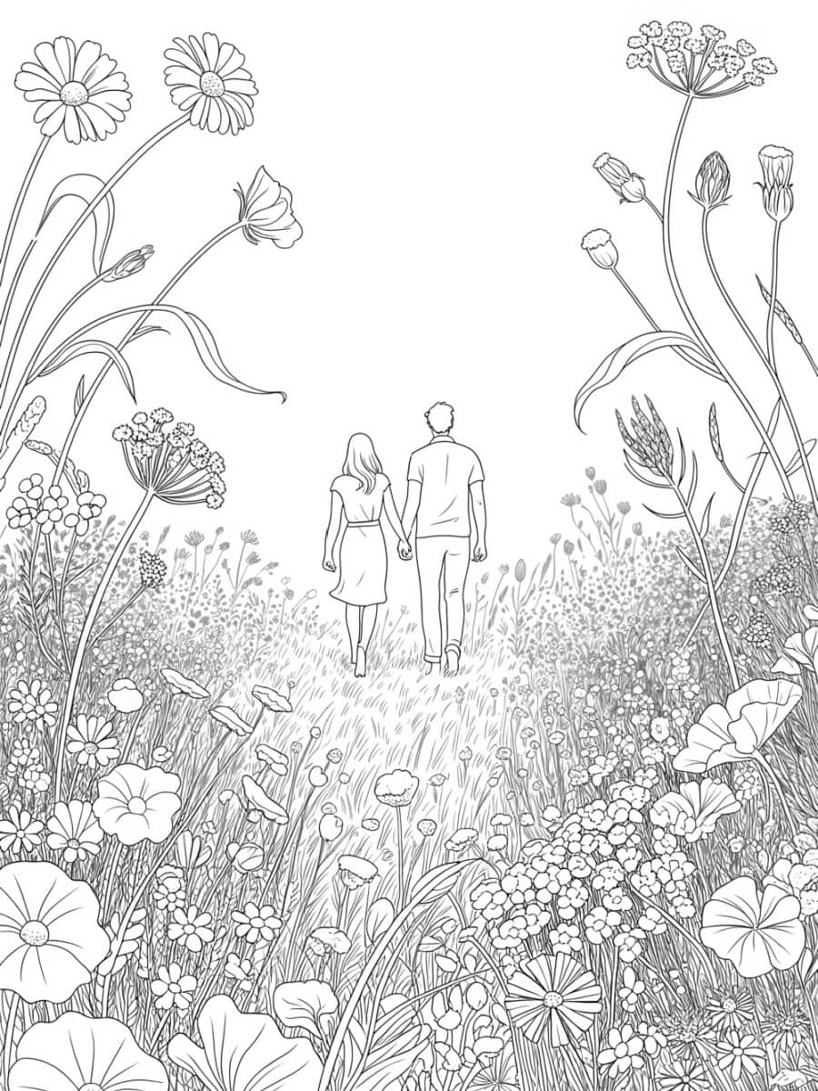 a couple walking hand in hand coloring page for adults for valentine's day or anniversary