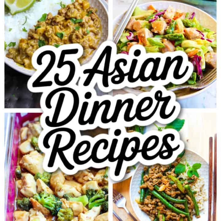 4 photos of Asian dinner recipes that are gluten free, paleo and low carb with title overlay