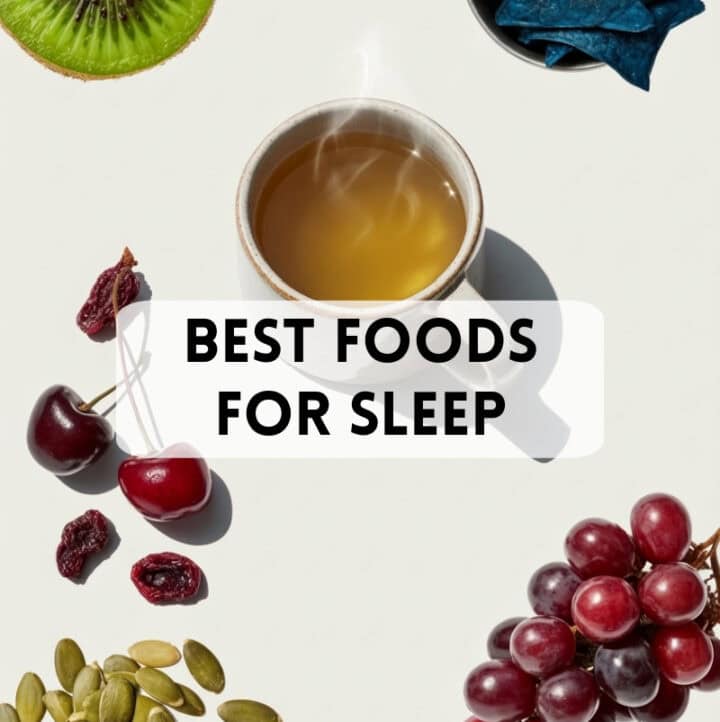 IMAGES OF 6 foods that make you fall asleep or sleep better with title overlay: Best foods for sleep