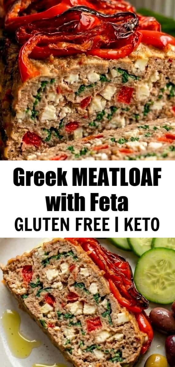 two views of Greek Meatloaf with Feta and recipe title