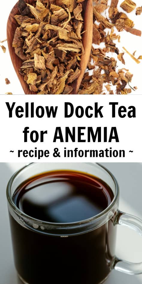 Yellow Dock Tea for Anemia text overlay with images of the root and made tea