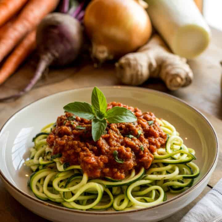 best nomato sauce on zoodles in big dish with veggies that are used in the background