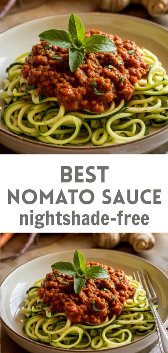 two photos, one up close, of best nomato sauce, served on paleo, AIP zucchini noodles, with recipe title overlay that also says: "nightshade free"