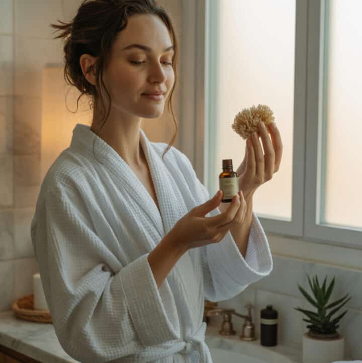 woman holding sea sponge and essential oil bottle to use as a natural remedy for her yeast infection