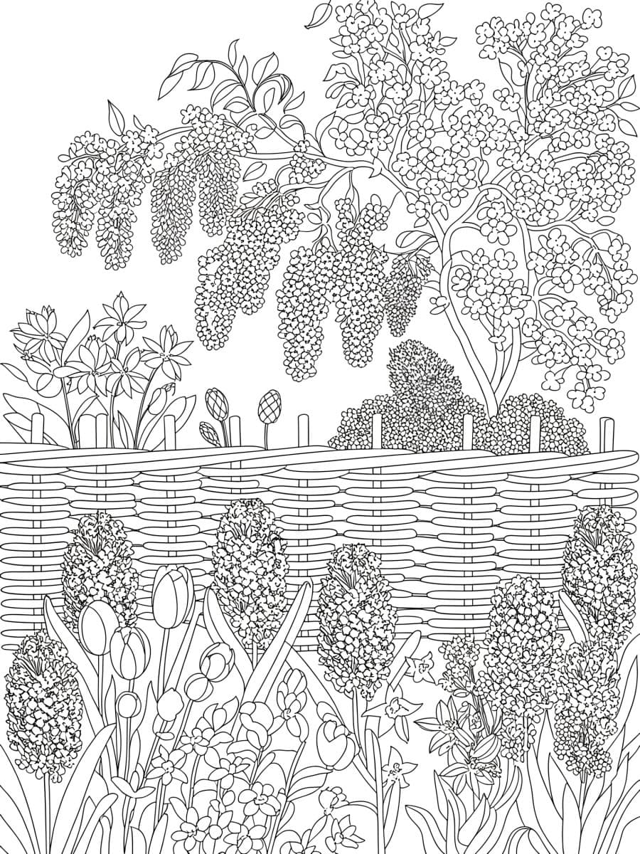 spring flowers free coloring page featuring a garden scene of bulb flowers and lilacs